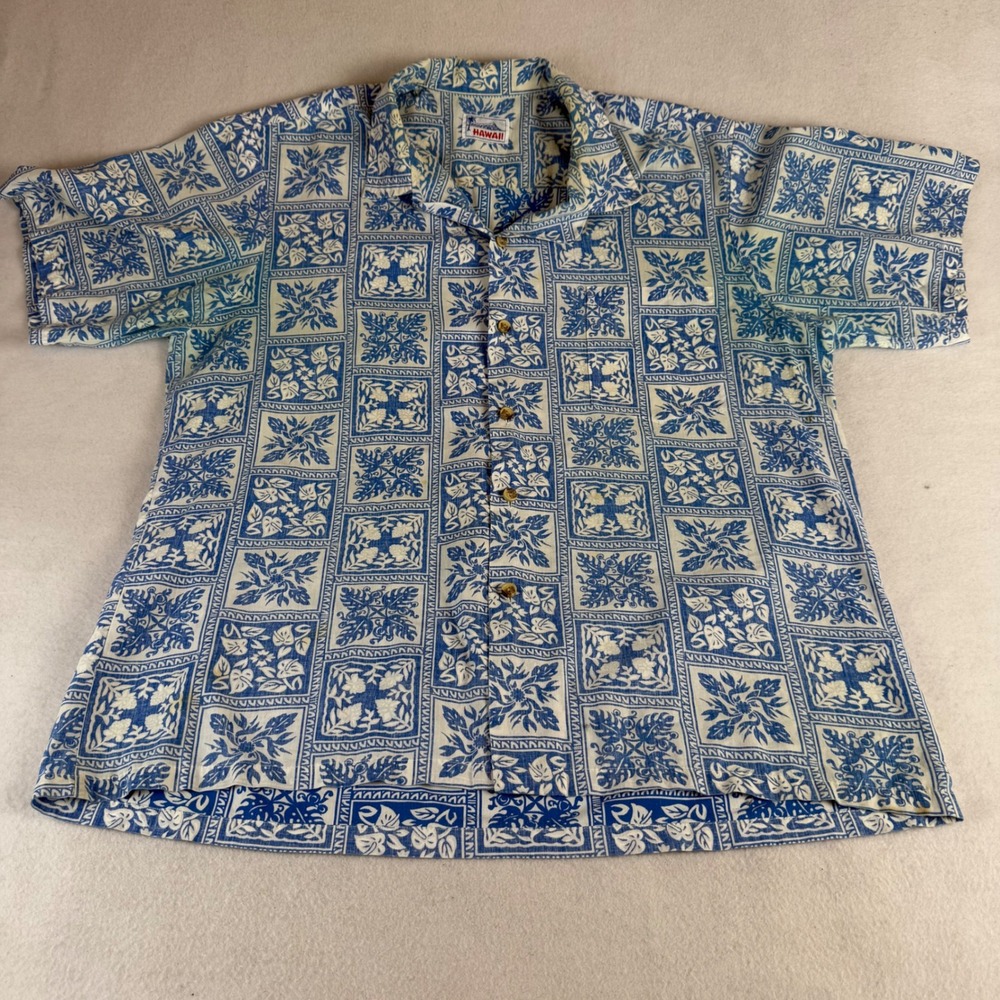 Vintage Hawaii Blue White Tapa Floral Block Print Camp Shirt Men's XL